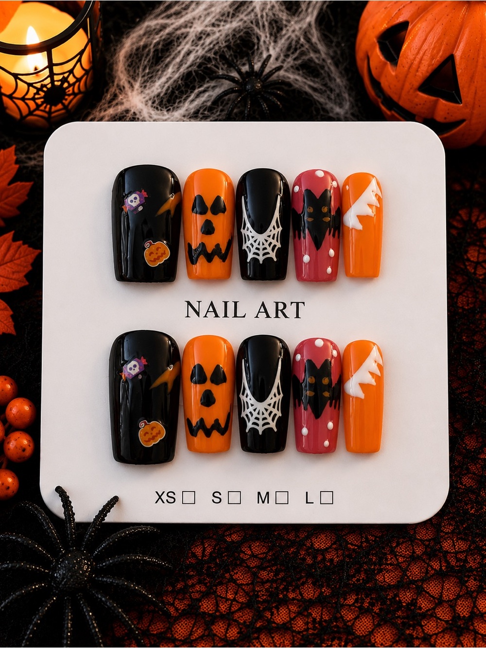 🎃 Halloween Press-On Nails – Spooky Pumpkin & Spiderweb Nails 👻
